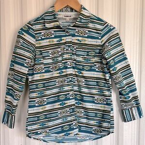 RANK 45 Southwest Turquoise Striped Casual PEARL‎ SNAP BUTTON Down Shirt Girls L